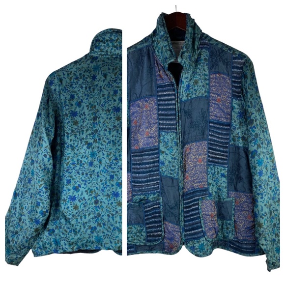Vtg Coldwater Creek Sz 2X 18 20 Jacket Coat SILK Patchwork Floral Teal - Picture 1 of 6